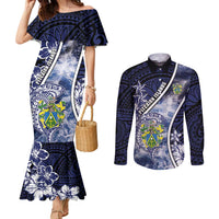 Personalised Pitcairn Islands Couples Matching Mermaid Dress and Long Sleeve Button Shirt Coat Of Arms Waves Style DT05 Navy - Polynesian Pride