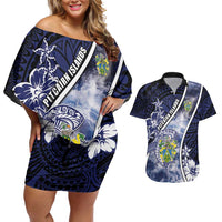 Personalised Pitcairn Islands Couples Matching Off Shoulder Short Dress and Hawaiian Shirt Coat Of Arms Waves Style DT05 Navy - Polynesian Pride