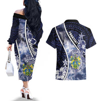 Personalised Pitcairn Islands Couples Matching Off The Shoulder Long Sleeve Dress and Hawaiian Shirt Coat Of Arms Waves Style DT05 - Polynesian Pride