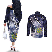 Personalised Pitcairn Islands Couples Matching Off The Shoulder Long Sleeve Dress and Long Sleeve Button Shirt Coat Of Arms Waves Style DT05 - Polynesian Pride
