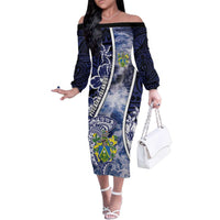 Personalised Pitcairn Islands Family Matching Off The Shoulder Long Sleeve Dress and Hawaiian Shirt Coat Of Arms Waves Style DT05 Mom's Dress Navy - Polynesian Pride