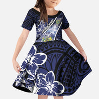 Personalised Pitcairn Islands Family Matching Puletasi and Hawaiian Shirt Coat Of Arms Waves Style DT05 Daughter's Dress Navy - Polynesian Pride