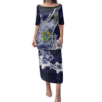 Personalised Pitcairn Islands Family Matching Puletasi and Hawaiian Shirt Coat Of Arms Waves Style DT05 Mom's Dress Navy - Polynesian Pride