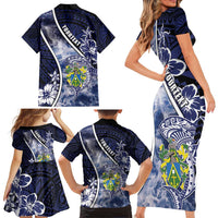 Personalised Pitcairn Islands Family Matching Short Sleeve Bodycon Dress and Hawaiian Shirt Coat Of Arms Waves Style DT05 - Polynesian Pride