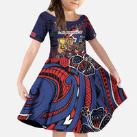 Personalised Samoa Wrestling Family Matching Tank Maxi Dress and Hawaiian Shirt Polynesian Warrior Funny Style DT05 Daughter's Dress Navy - Polynesian Pride