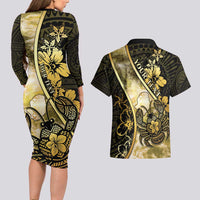 Personalised Niue Couples Matching Long Sleeve Bodycon Dress and Hawaiian Shirt Niuean Crab Waves Style DT05 - Polynesian Pride