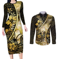 Personalised Niue Couples Matching Long Sleeve Bodycon Dress and Long Sleeve Button Shirt Niuean Crab Waves Style DT05 Gold - Polynesian Pride