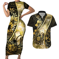 Personalised Niue Couples Matching Short Sleeve Bodycon Dress and Hawaiian Shirt Niuean Crab Waves Style DT05 Gold - Polynesian Pride