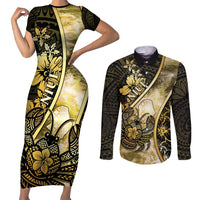 Personalised Niue Couples Matching Short Sleeve Bodycon Dress and Long Sleeve Button Shirt Niuean Crab Waves Style DT05 Gold - Polynesian Pride