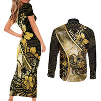 Personalised Niue Couples Matching Short Sleeve Bodycon Dress and Long Sleeve Button Shirt Niuean Crab Waves Style DT05 - Polynesian Pride