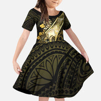 Personalised Niue Family Matching Off Shoulder Maxi Dress and Hawaiian Shirt Niuean Crab Waves Style DT05 Daughter's Dress Gold - Polynesian Pride