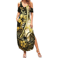 Personalised Niue Family Matching Summer Maxi Dress and Hawaiian Shirt Niuean Crab Waves Style DT05 Mom's Dress Gold - Polynesian Pride