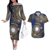 Personalised Nauru Couples Matching Off The Shoulder Long Sleeve Dress and Hawaiian Shirt Hibiscus Polynesian Tribal Pattern DT05 Navy - Polynesian Pride