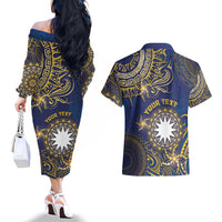 Personalised Nauru Couples Matching Off The Shoulder Long Sleeve Dress and Hawaiian Shirt Hibiscus Polynesian Tribal Pattern DT05 - Polynesian Pride