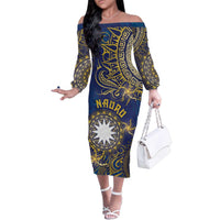 Personalised Nauru Family Matching Off The Shoulder Long Sleeve Dress and Hawaiian Shirt Hibiscus Polynesian Tribal Pattern DT05 Mom's Dress Navy - Polynesian Pride