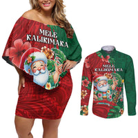 Hawaii Christmas Couples Matching Off Shoulder Short Dress and Long Sleeve Button Shirt Mele Kalikimaka Funny Hawaiian Santa DT05 Green - Polynesian Pride