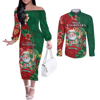 Hawaii Christmas Couples Matching Off The Shoulder Long Sleeve Dress and Long Sleeve Button Shirt Mele Kalikimaka Funny Hawaiian Santa DT05 Green - Polynesian Pride