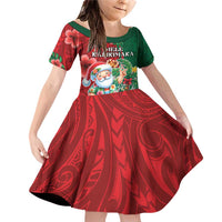 Hawaii Christmas Family Matching Off Shoulder Short Dress and Hawaiian Shirt Mele Kalikimaka Funny Hawaiian Santa DT05 Daughter's Dress Green - Polynesian Pride