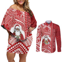 Tonga Christmas Couples Matching Off Shoulder Short Dress and Long Sleeve Button Shirt Kilisimasi Fiefia DT05 Red - Polynesian Pride