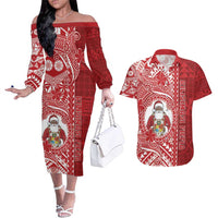 Tonga Christmas Couples Matching Off The Shoulder Long Sleeve Dress and Hawaiian Shirt Kilisimasi Fiefia DT05 Red - Polynesian Pride