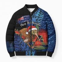 Personalised New Zealand Christmas Bomber Puffer Jacket Santa Kiwi Bird With Pohutukawa Flowers DT05 Unisex Navy - Polynesian Pride