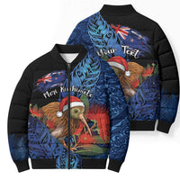 Personalised New Zealand Christmas Bomber Puffer Jacket Santa Kiwi Bird With Pohutukawa Flowers DT05 - Polynesian Pride