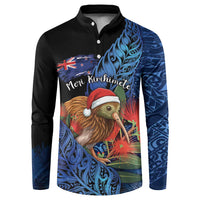 Personalised New Zealand Christmas Button Sweatshirt Santa Kiwi Bird With Pohutukawa Flowers DT05 Navy - Polynesian Pride