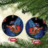 Personalised New Zealand Christmas Ceramic Ornament Santa Kiwi Bird With Pohutukawa Flowers DT05 Circle Navy - Polynesian Pride