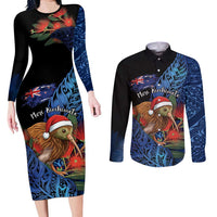 Personalised New Zealand Christmas Couples Matching Long Sleeve Bodycon Dress and Long Sleeve Button Shirt Santa Kiwi Bird With Pohutukawa Flowers DT05 Navy - Polynesian Pride