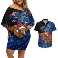 Personalised New Zealand Christmas Couples Matching Off Shoulder Short Dress and Hawaiian Shirt Santa Kiwi Bird With Pohutukawa Flowers DT05 Navy - Polynesian Pride