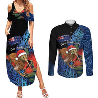 Personalised New Zealand Christmas Couples Matching Summer Maxi Dress and Long Sleeve Button Shirt Santa Kiwi Bird With Pohutukawa Flowers DT05 Navy - Polynesian Pride
