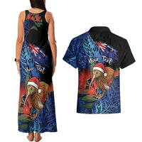 Personalised New Zealand Christmas Couples Matching Tank Maxi Dress and Hawaiian Shirt Santa Kiwi Bird With Pohutukawa Flowers DT05 - Polynesian Pride
