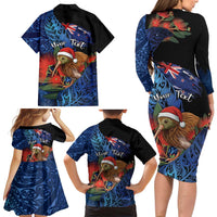 Personalised New Zealand Christmas Family Matching Long Sleeve Bodycon Dress and Hawaiian Shirt Santa Kiwi Bird With Pohutukawa Flowers DT05 - Polynesian Pride