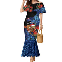 Personalised New Zealand Christmas Family Matching Mermaid Dress and Hawaiian Shirt Santa Kiwi Bird With Pohutukawa Flowers DT05 Mom's Dress Navy - Polynesian Pride