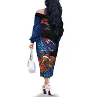 Personalised New Zealand Christmas Family Matching Off The Shoulder Long Sleeve Dress and Hawaiian Shirt Santa Kiwi Bird With Pohutukawa Flowers DT05 - Polynesian Pride
