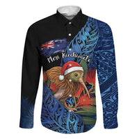 Personalised New Zealand Christmas Family Matching Off Shoulder Maxi Dress and Hawaiian Shirt Santa Kiwi Bird With Pohutukawa Flowers DT05 Dad's Shirt - Long Sleeve Navy - Polynesian Pride