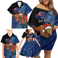 Personalised New Zealand Christmas Family Matching Off Shoulder Short Dress and Hawaiian Shirt Santa Kiwi Bird With Pohutukawa Flowers DT05 - Polynesian Pride