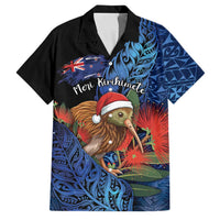 Personalised New Zealand Christmas Family Matching Off Shoulder Short Dress and Hawaiian Shirt Santa Kiwi Bird With Pohutukawa Flowers DT05 Dad's Shirt - Short Sleeve Navy - Polynesian Pride