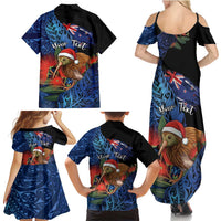 Personalised New Zealand Christmas Family Matching Summer Maxi Dress and Hawaiian Shirt Santa Kiwi Bird With Pohutukawa Flowers DT05 - Polynesian Pride