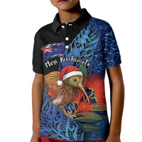 Personalised New Zealand Christmas Kid Polo Shirt Santa Kiwi Bird With Pohutukawa Flowers DT05 Kid Navy - Polynesian Pride
