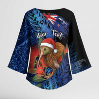 Personalised New Zealand Christmas Kimono Sleeve Blouse Santa Kiwi Bird With Pohutukawa Flowers DT05 - Polynesian Pride