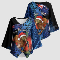 Personalised New Zealand Christmas Kimono Sleeve Blouse Santa Kiwi Bird With Pohutukawa Flowers DT05 - Polynesian Pride