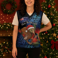 Personalised New Zealand Christmas Knitted V-Neck Vest Santa Kiwi Bird With Pohutukawa Flowers DT05 - Polynesian Pride