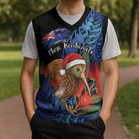 Personalised New Zealand Christmas Knitted V-Neck Vest Santa Kiwi Bird With Pohutukawa Flowers DT05 - Polynesian Pride