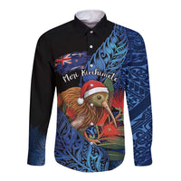 Personalised New Zealand Christmas Long Sleeve Button Shirt Santa Kiwi Bird With Pohutukawa Flowers DT05 Unisex Navy - Polynesian Pride