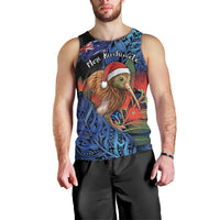 Personalised New Zealand Christmas Men Tank Top Santa Kiwi Bird With Pohutukawa Flowers DT05 - Polynesian Pride