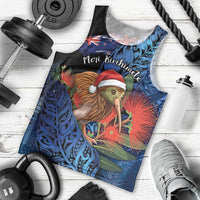 Personalised New Zealand Christmas Men Tank Top Santa Kiwi Bird With Pohutukawa Flowers DT05 - Polynesian Pride