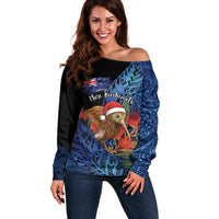 Personalised New Zealand Christmas Off Shoulder Sweater Santa Kiwi Bird With Pohutukawa Flowers DT05 Women Navy - Polynesian Pride