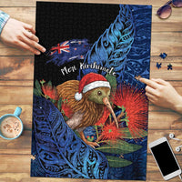 New Zealand Christmas Puzzle Santa Kiwi Bird With Pohutukawa Flowers DT05 Navy - Polynesian Pride
