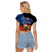 Personalised New Zealand Christmas Raglan Cropped T Shirt Santa Kiwi Bird With Pohutukawa Flowers DT05 - Polynesian Pride
